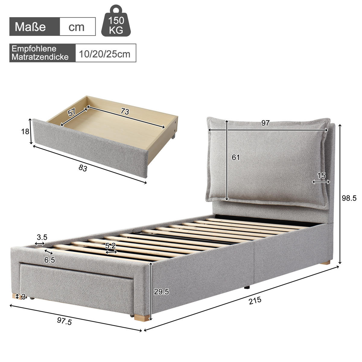 POLSTERBETT 90/200 cm Grau mit Lattenrost und Stauraum aus Chenille - Grau, Textil (90/200cm) - OKWISH