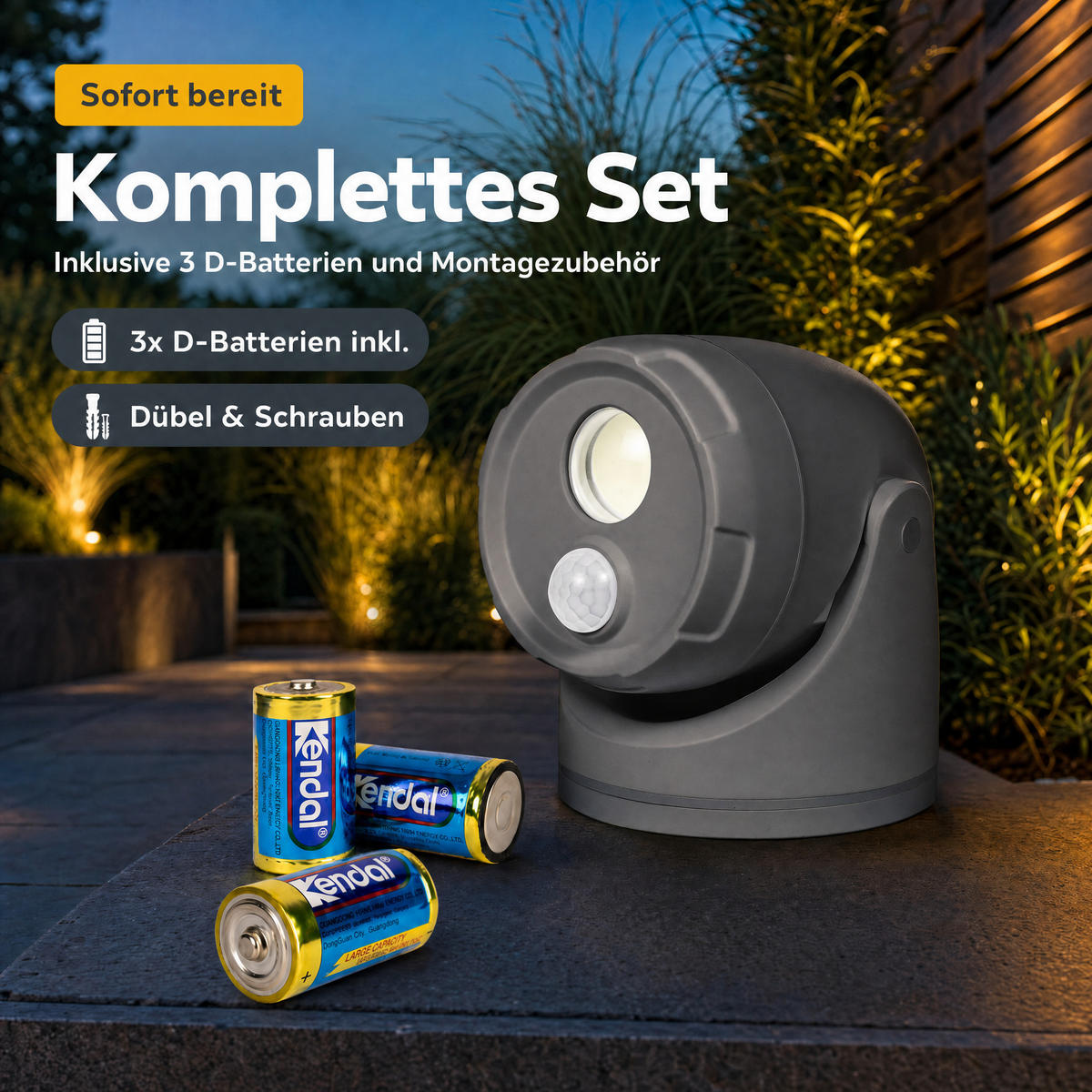 LED-BATTERIE-SPOT-STRAHLER - mit Bewegungsmelder und Erdspieß für Außenbereich, 3er-Set D-Batterien inklusive - Anthrazit, Kunststoff (10.9/10.9/17cm) - Northpoint