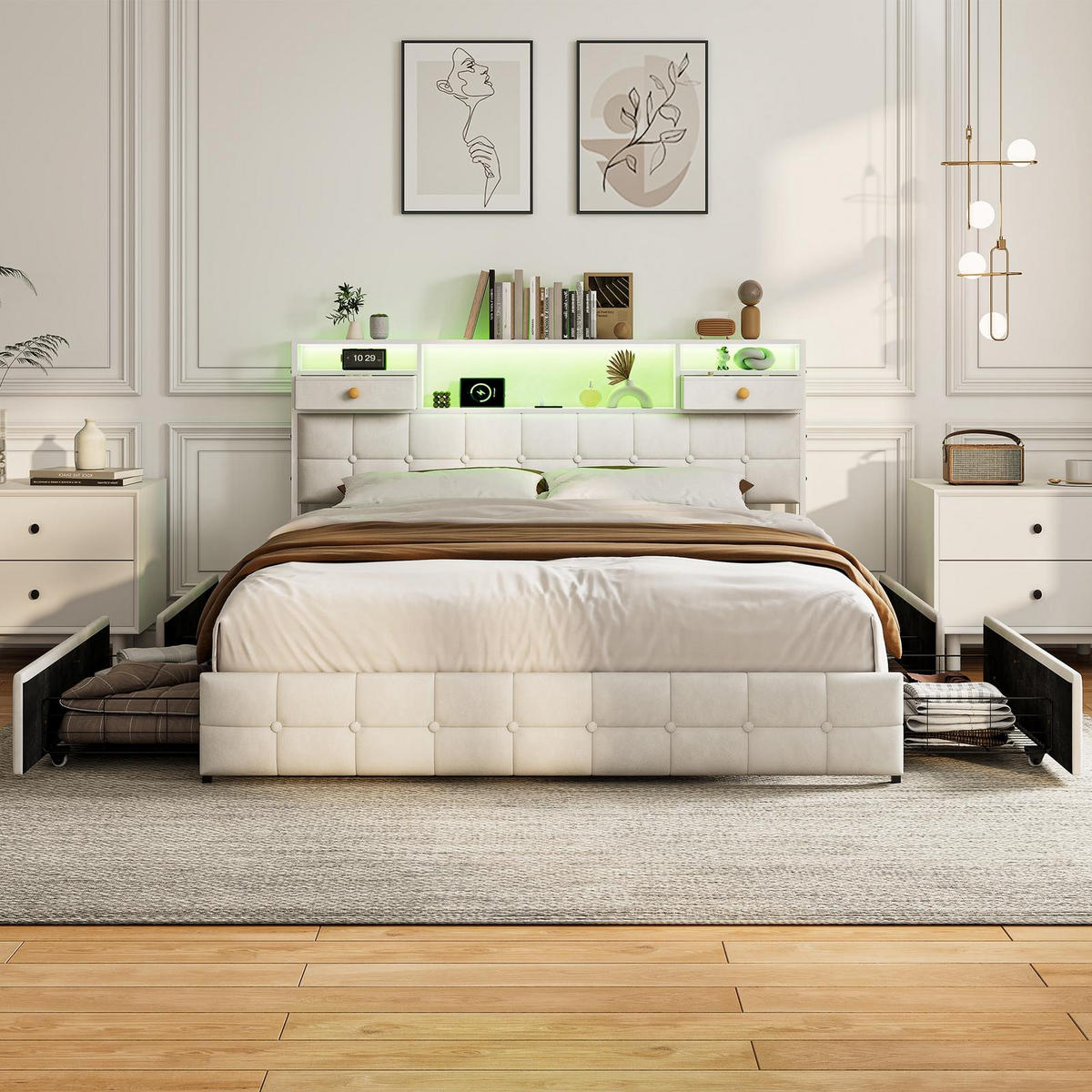STAURAUMBETT 160/200 cm aus Samt, mit 4 seitlichen Schubladen + 2 Kopfteil-Schubladen, LED und USB-Anschluss, Beige - Beige, Holzwerkstoff (140/200cm) - Brevoria