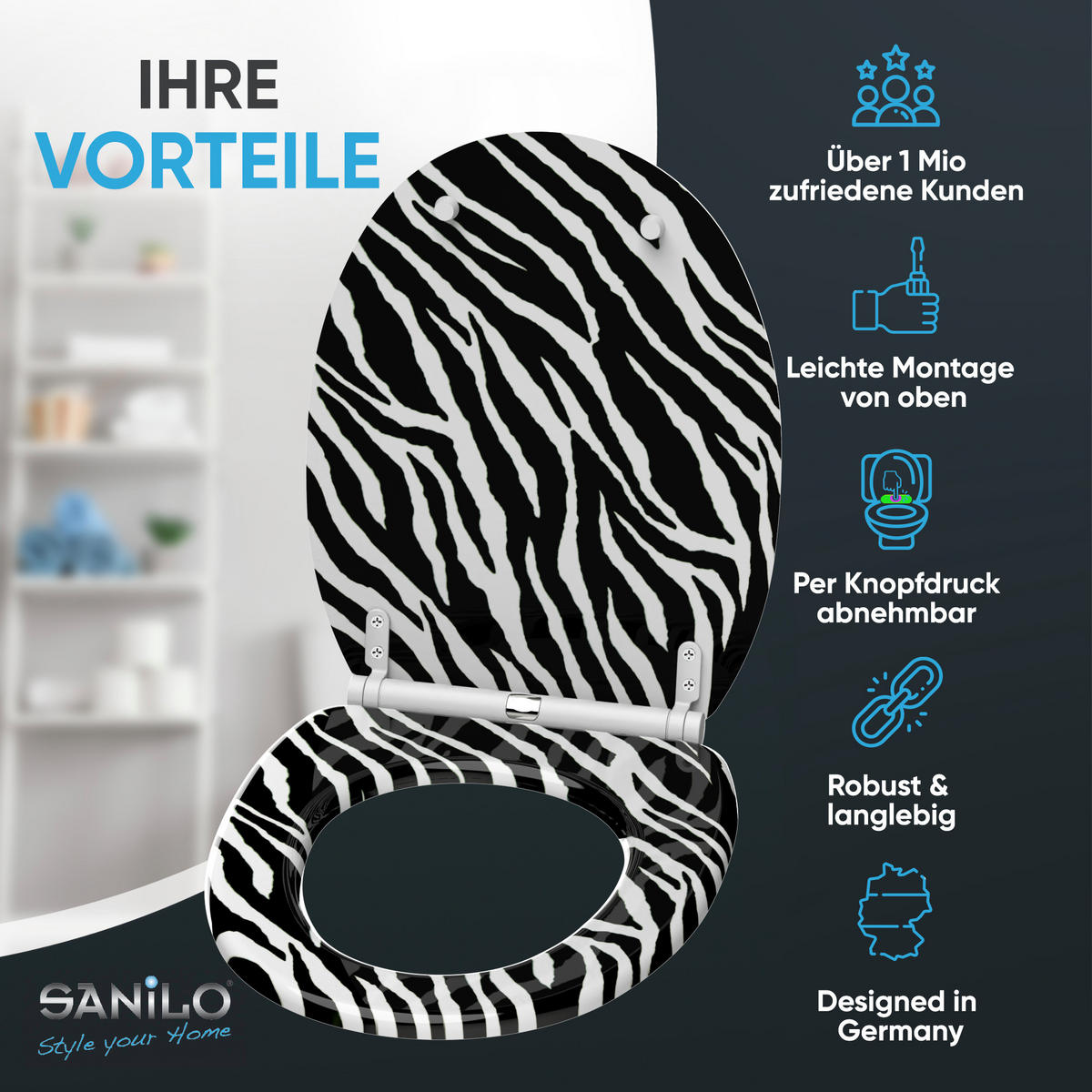 WC-SITZ mit Absenkautomatik & Top Fix Zebra Look - Schwarz, Holzwerkstoff (37.7/5.5/48cm) - Sanilo