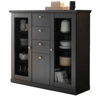 HIGHBOARD schwarz matt, Eiche 129 cm, Kommode Landhaus mit Soft-Close - Eichefarben/Messingfarben, Glas/Holzwerkstoff (129/117/42cm) - Furn.Design