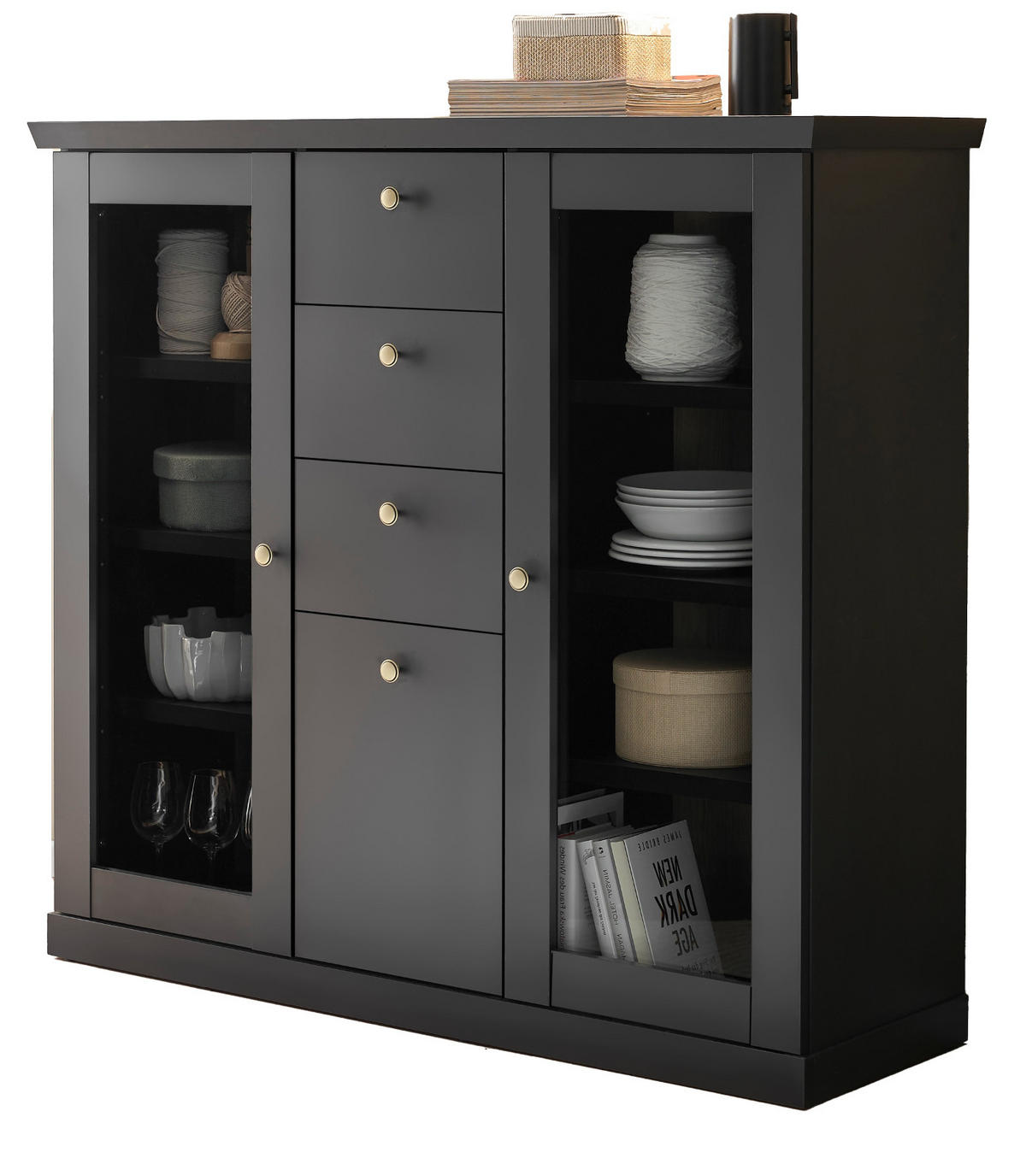 HIGHBOARD schwarz matt, Eiche 129 cm, Kommode Landhaus mit Soft-Close - Eichefarben/Messingfarben, Glas/Holzwerkstoff (129/117/42cm) - Furn.Design