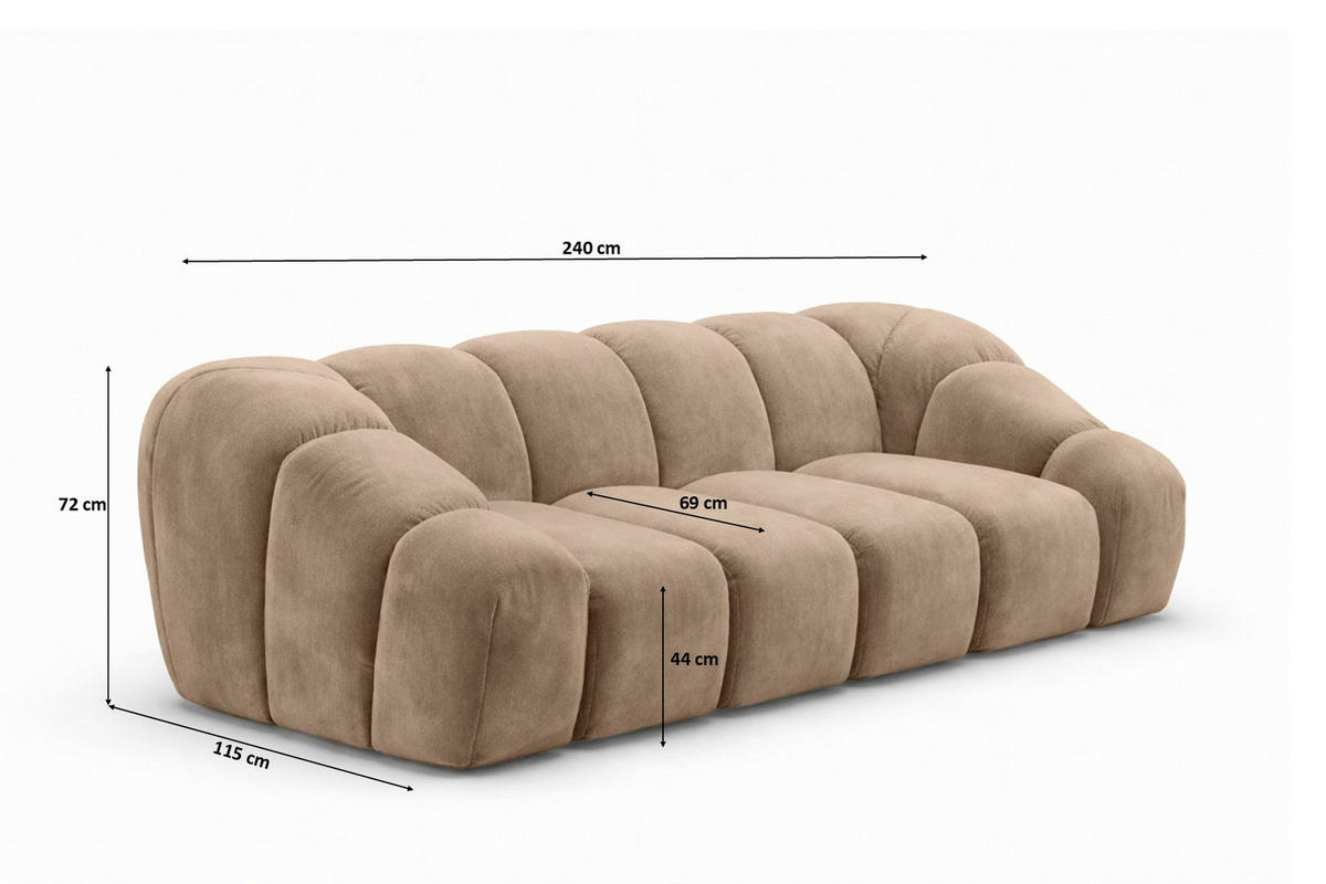 SOFA 3-Sitzer modular, Veloursstoff Bluvel, Latte, CROISSANT - Hellbraun, Holz (240/72/115cm) - Kaiser Möbel