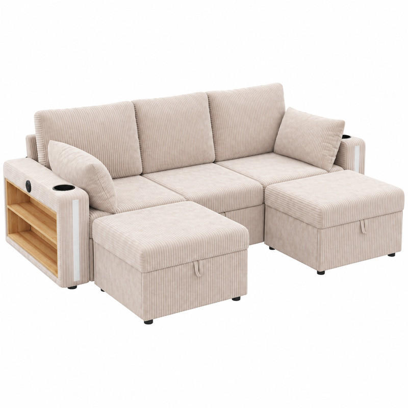 SOFA modulares U-/L-Form 190 x 130 x 85 cm Cord Beige 2 Hocker - Beige, Holz (130/85/190cm) - Meubliv