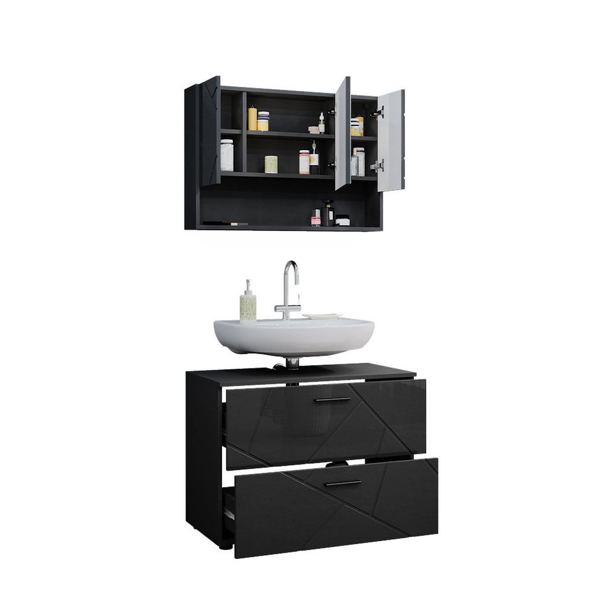 SADA NÁBYTKU DO KOUPELNY Irma Antracitový vysoký lesk - antracitová/vysoce lesklá černá, kompozitní dřevo (80/58.6/41cm) - Vicco