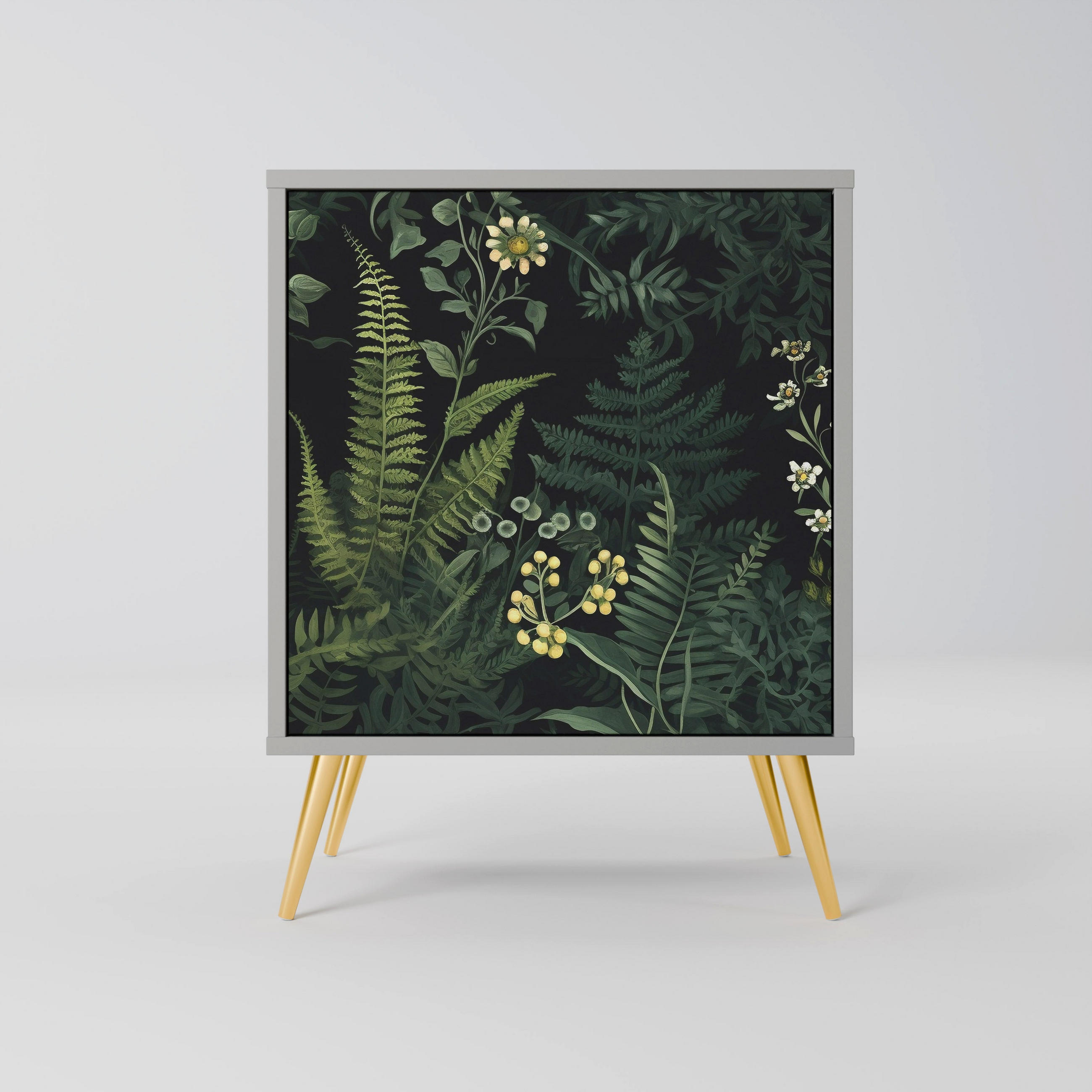 SIDEBOARD FERN FLOWERS, Grau, 57,5x42x75,5 cm, Goldfarbene Metallfüße - Goldfarben/Multicolor, Holzwerkstoff/Metall (57.5/75.5/42cm) - SpaceRebels