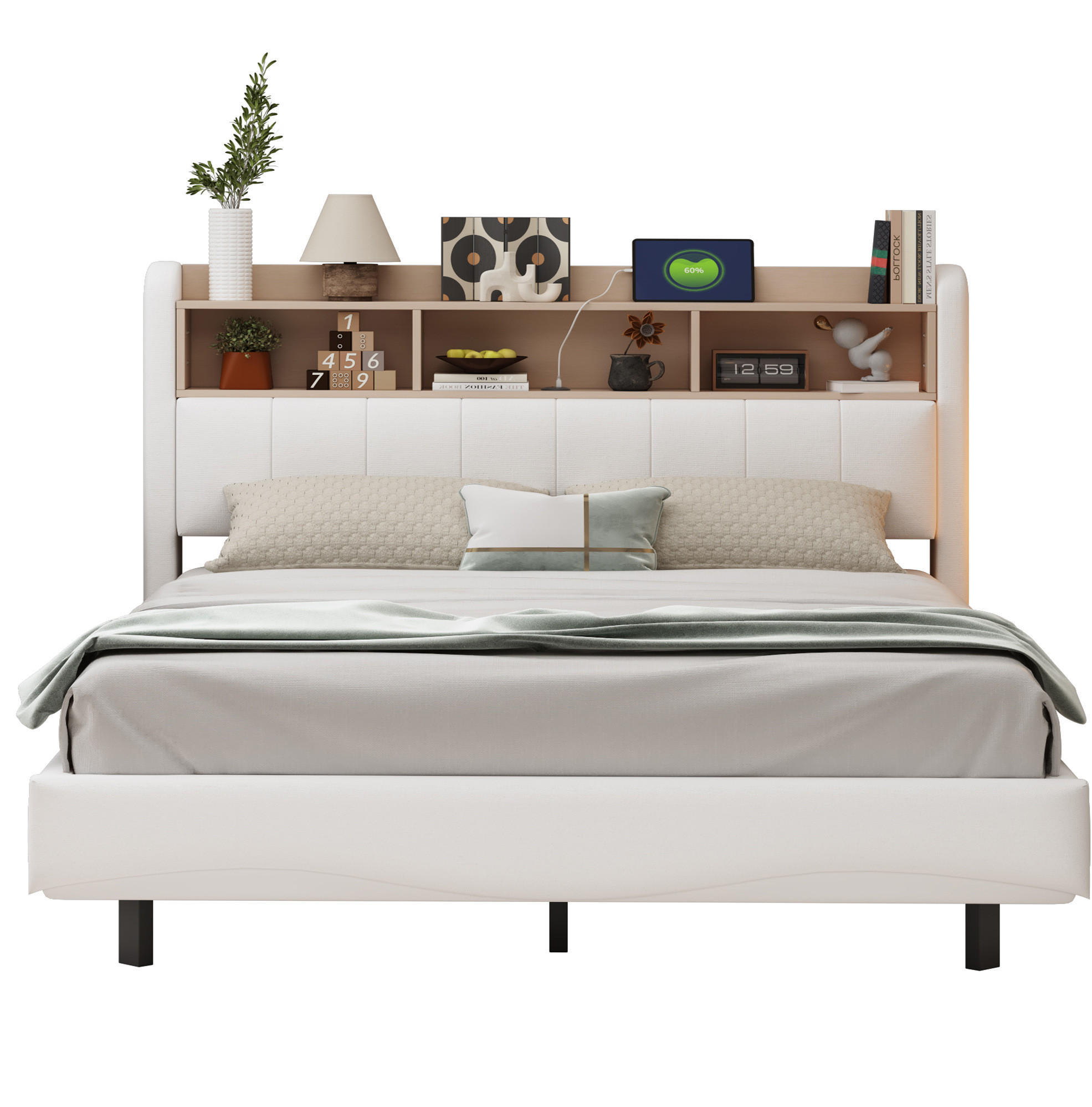 POLSTERBETT aus Stoff 160x200 cm Beige mit LED-Beleuchtung, USB- und Typ-C-Anschluss, Stauraum am Kopfteil - Beige, Textil (160/200cm) - Modfu