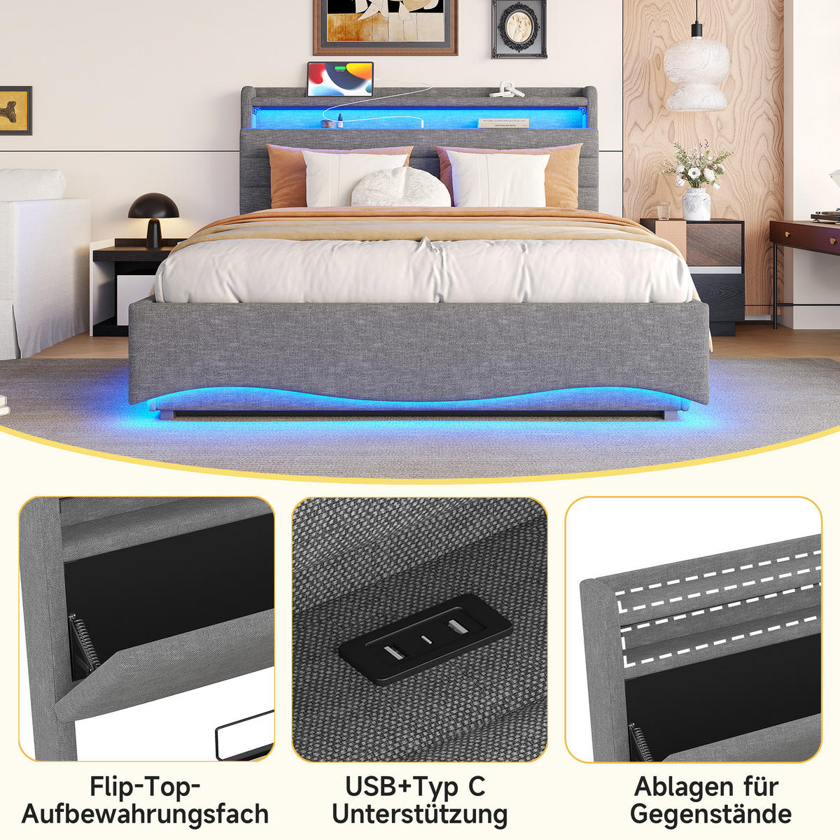 POLSTERBETT 140x200cm Grau LED Hydraulik USB Leinen - Grau, Holz (90/200cm) - FLIEKS