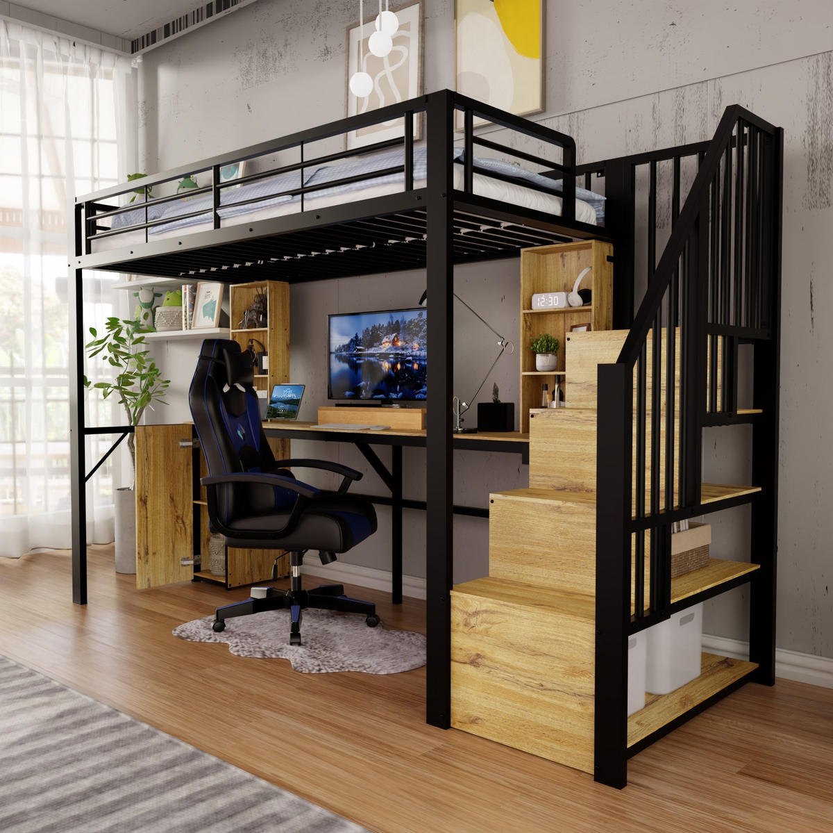 HOCHBETT 90x200 cm in Schwarz mit Schreibtisch, Stauraumtreppe und USB-Anschluss - Schwarz, Metall (90/200cm) - IVMEU