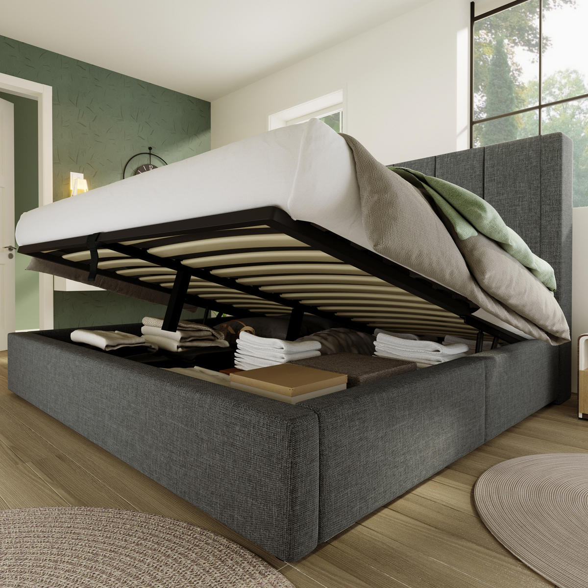 POLSTERBETT mit Stauraum & Ladestation 160 x 200 cm Leinen Grau - Grau, Metall (160/200cm) - Meubliv