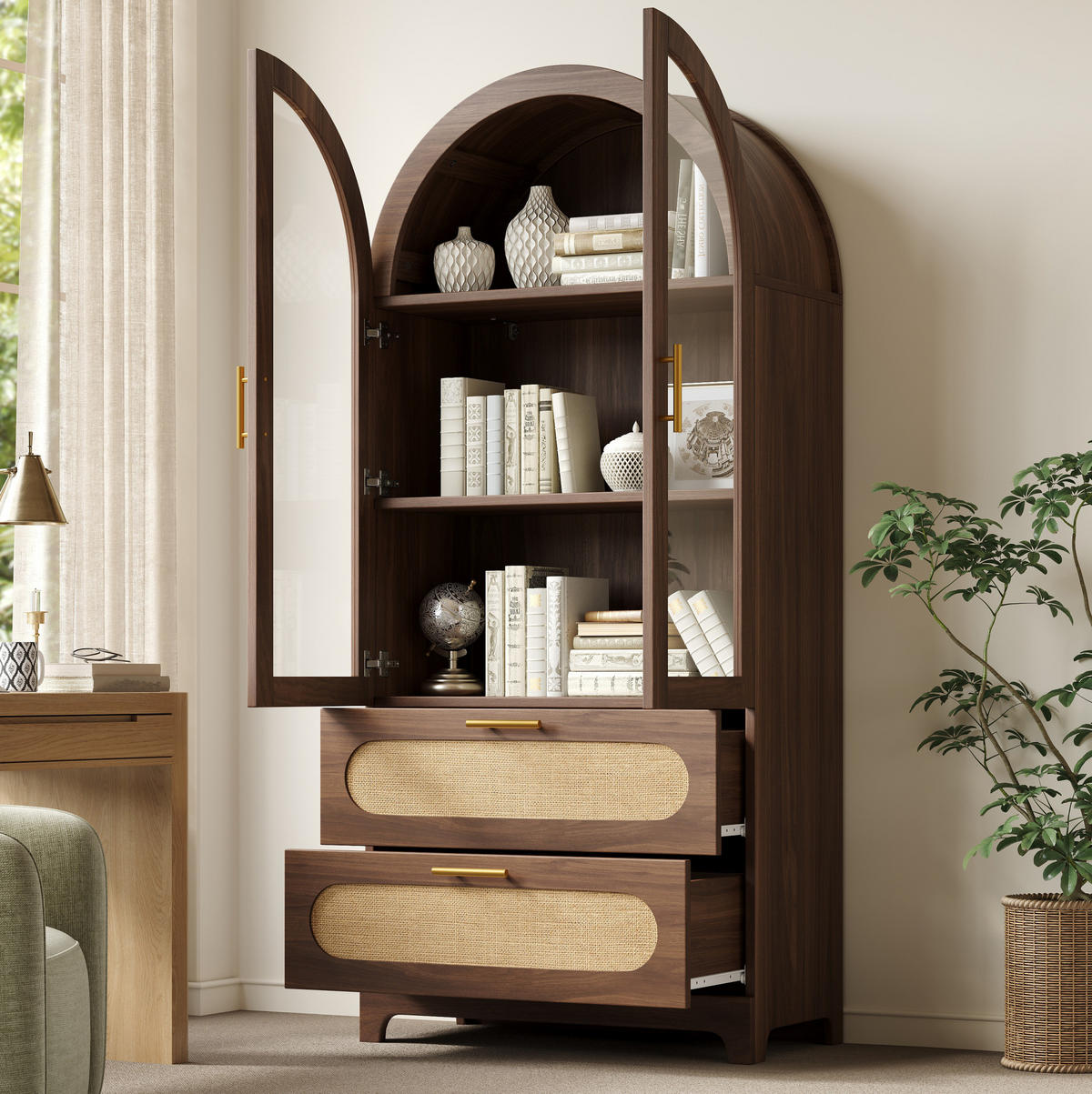 VITRINE mit Glastüren 80 x 40 x 175 cm Holzoptik 2 Schubladen - Braun, Holzwerkstoff (40/175/160cm) - Meubliv