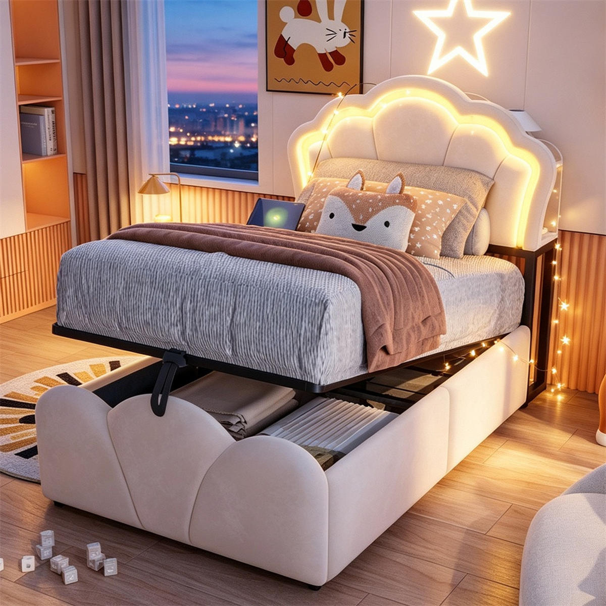 POLSTERBETT 90x200 cm mit hydraulischem Stauraum - LED Beleuchtung & Ladeanschluss - Beige - ohne Matratze - Beige, Textil (90/200cm) - DELFA