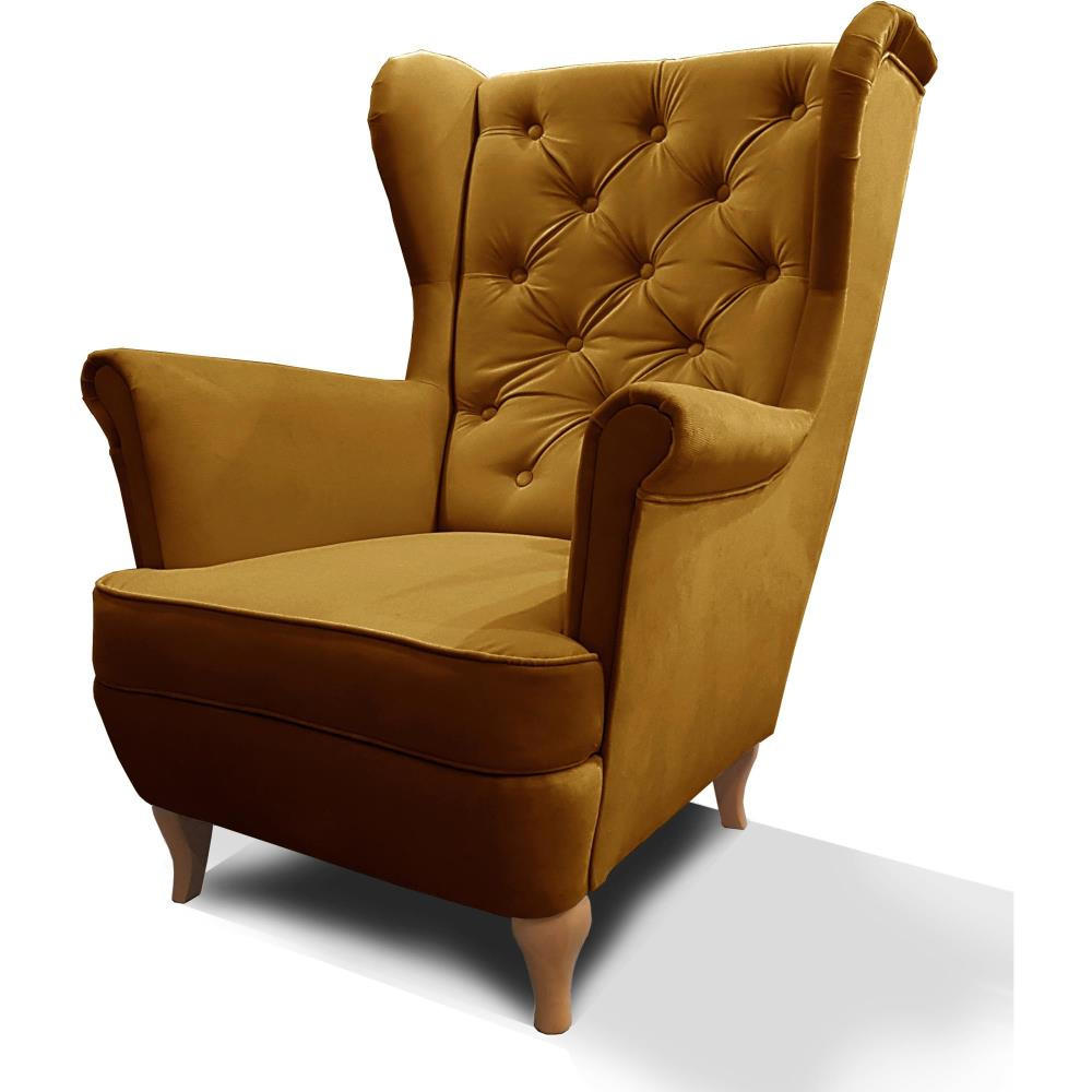 Beautysofa KŘESLO Chesterfield Falco žluté s dřevěnými nohami