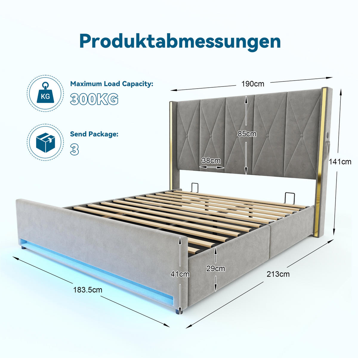 POLSTERBETT 180/200 cm in Dunkelgrau mit Bettkasten, Seitentaschen, LED und USB/Type-C Samt - Dunkelgrau, Holzwerkstoff/Textil (180/200cm) - STILVORA