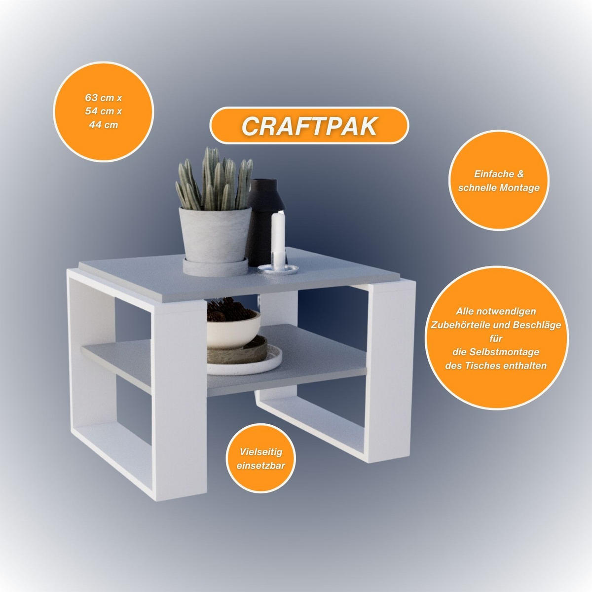 COUCHTISCH Holzwerkstoff rechteckig stabil Dunkelgrau 44/54/63cm - Dunkelgrau/Weiß, Holzwerkstoff (54/63/44cm) - CraftPAK