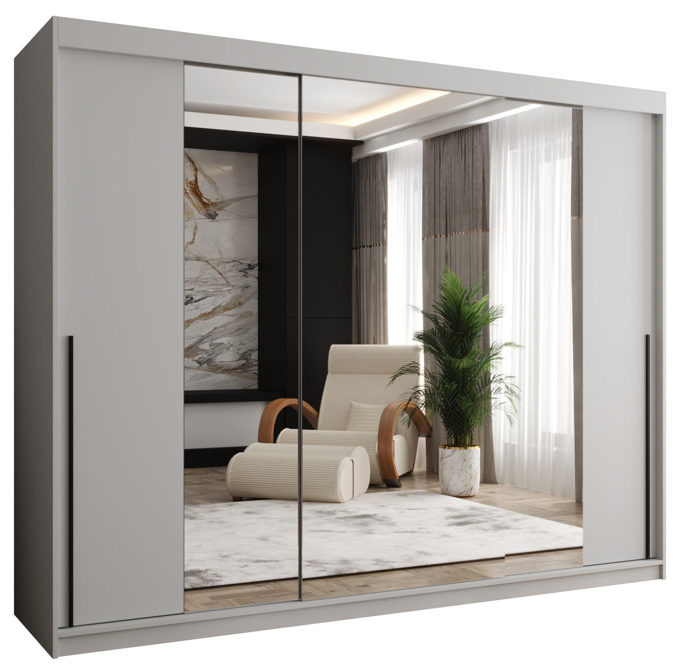 SCHIEBETÜRENSCHRANK mit Spiegel 250 cm Breite, Weiß mit schwarzem Griff - Schwarz/Weiß, Holzwerkstoff (250/200/62cm) - Home Collective
