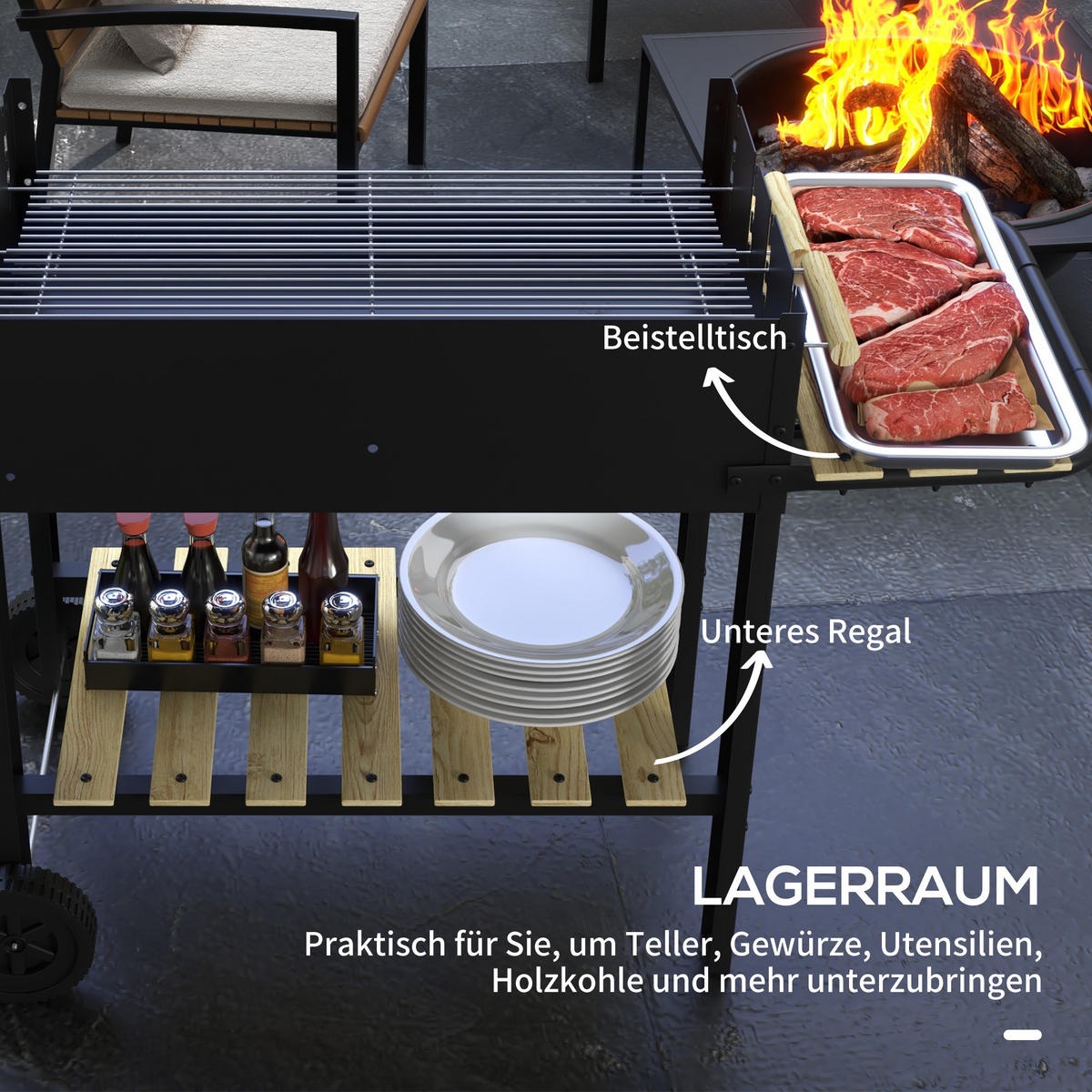 HOLZKOHLEGRILL mit Griff für BBQ, Metall, Schwarz, 113 x 53,5 x 82,5 cm - Schwarz, Metall (53.5/82.5/113cm) - Outsunny