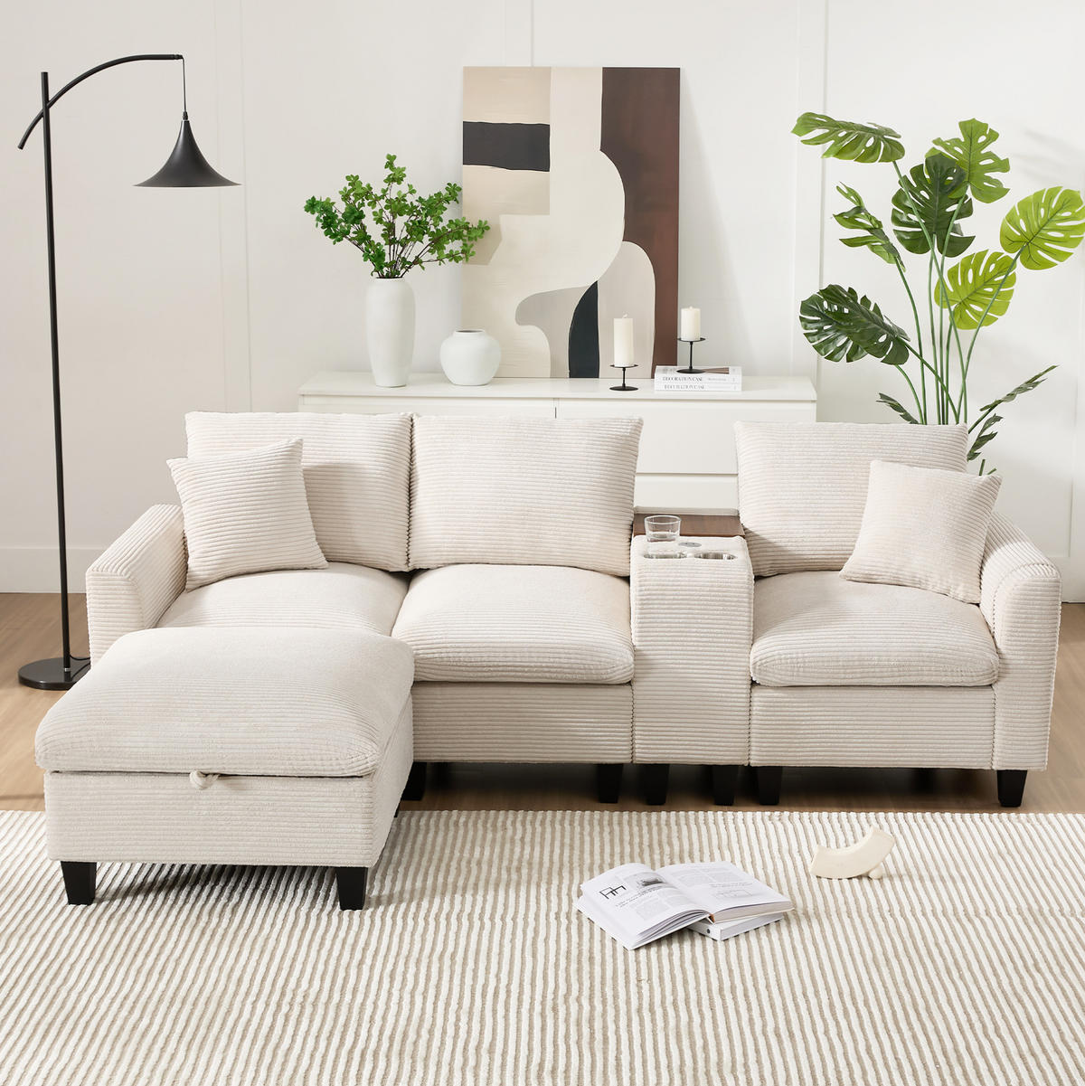 WOHNLANDSCHAFT aus Cordstoff 229x149,5x83 cm Beige mit USB-Anschlüssen, Becherhaltern, Konsole und Stauraumhocker - Beige, Textil (149.5/229cm) - Modfu