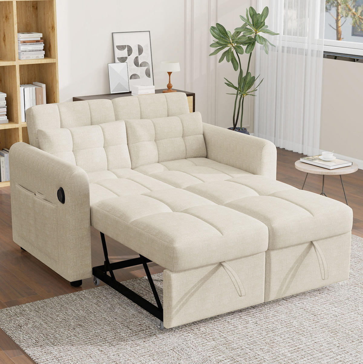 SCHLAFSOFA 3-in-1 Baumwoll-Leinen ausziehbar mit Rückenlehne 120/160/180 Grad Beige 142/85/83 cm - Beige, Textil (85/83/142cm) - Redom