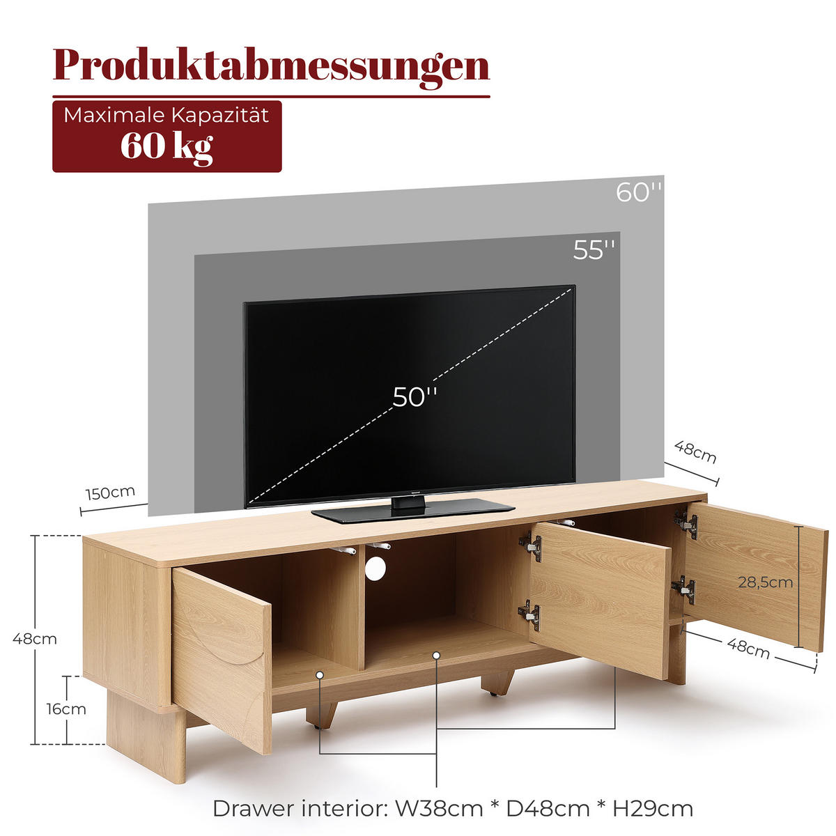 TV Lowboard Holz mit 3 Türen und Stauraum, B150 x T40 x H48 cm - Eichefarben, Holzwerkstoff (150/48/40cm) - Hometopia