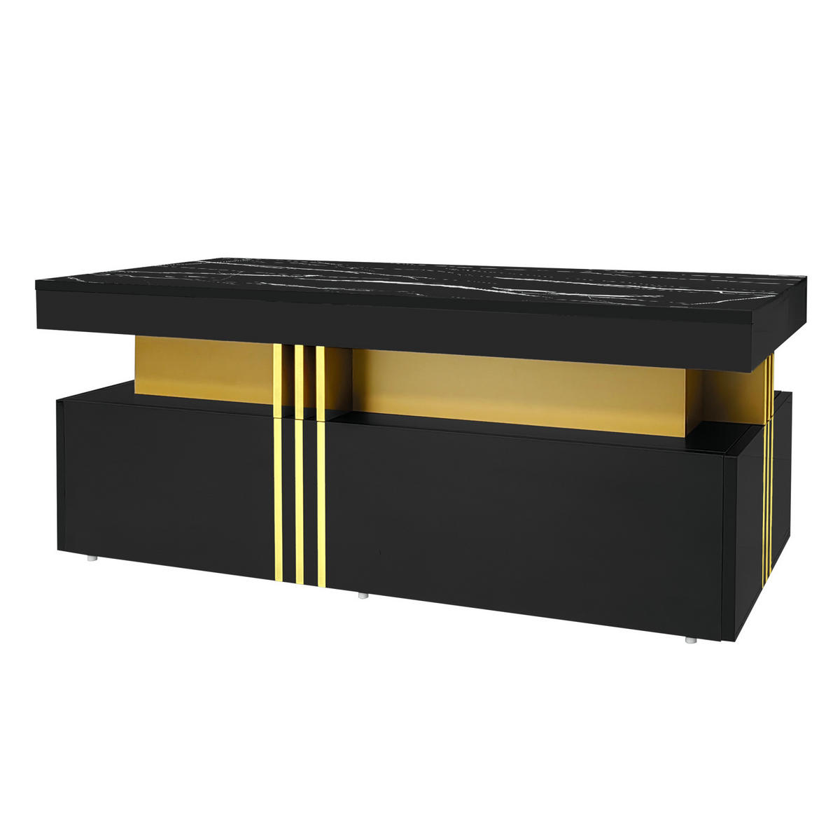 COUCHTISCH, schwarze marmorierte Hochglanzplatte, 2 Schubladen, Metallrand, 100/50/40 cm,schwarze - Schwarz, Holzwerkstoff (100/50/40cm) - Redom