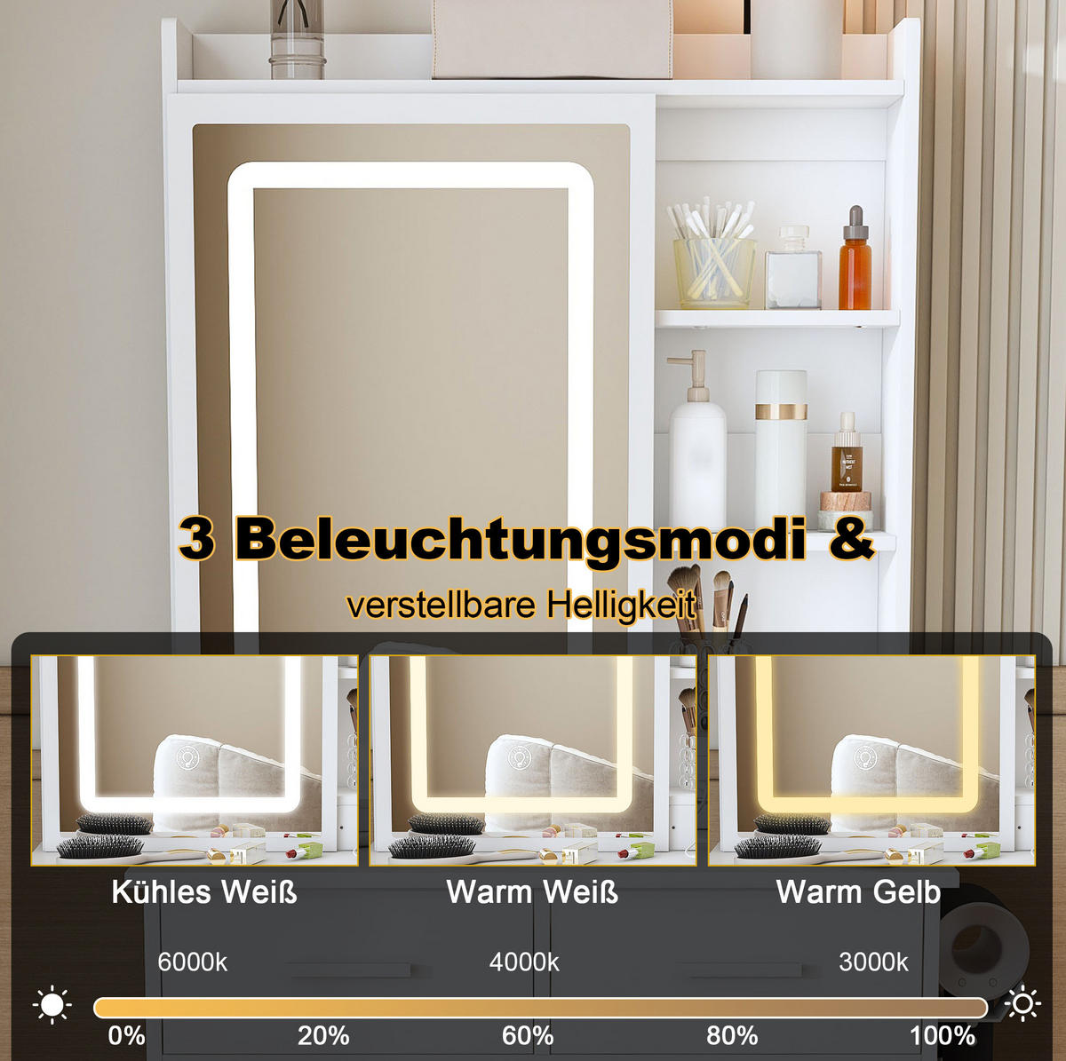 SCHMINKTISCH 36/60/136 cm weiß aus MDF mit LED-Spiegel und Hocker - Weiß, Holzwerkstoff (36/136/60cm) - OKWISH