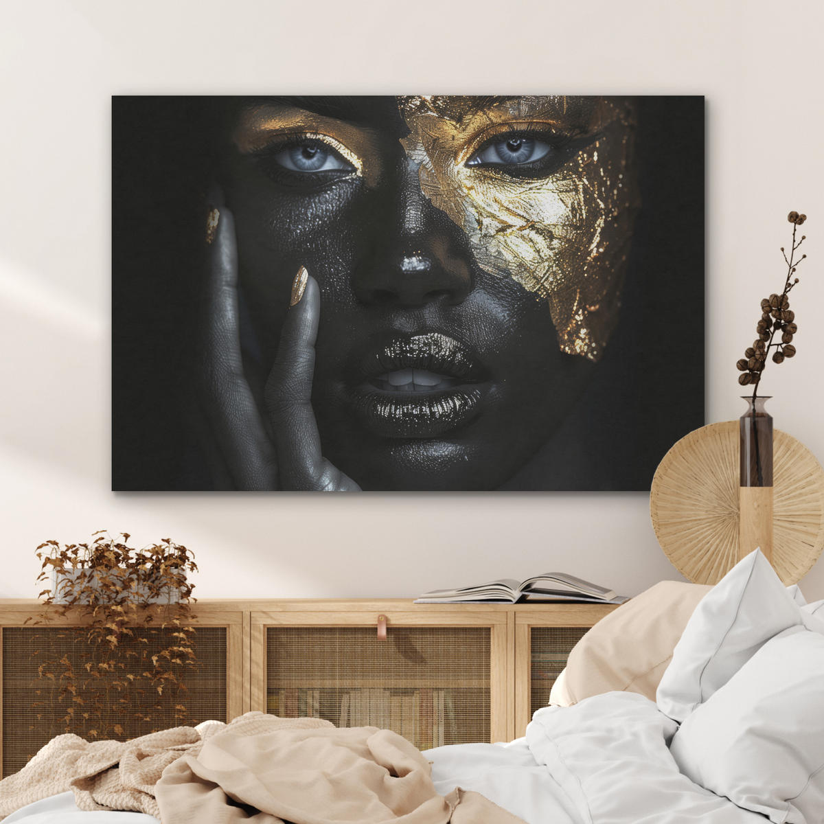 AKUSTIKBILD Frau - Gold - Porträt - Schwarz-Weiß - Luxus Akustikpaneele 90x60 cm - Hellblau, Kunststoff (90/60/0.9cm) - MuchoWow