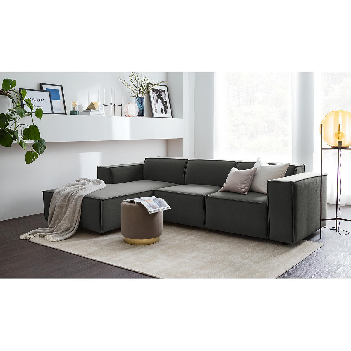 ECKSOFA mit Longchair - Schwarz/Grau, Kunststoff/Textil (260/177cm) - home24