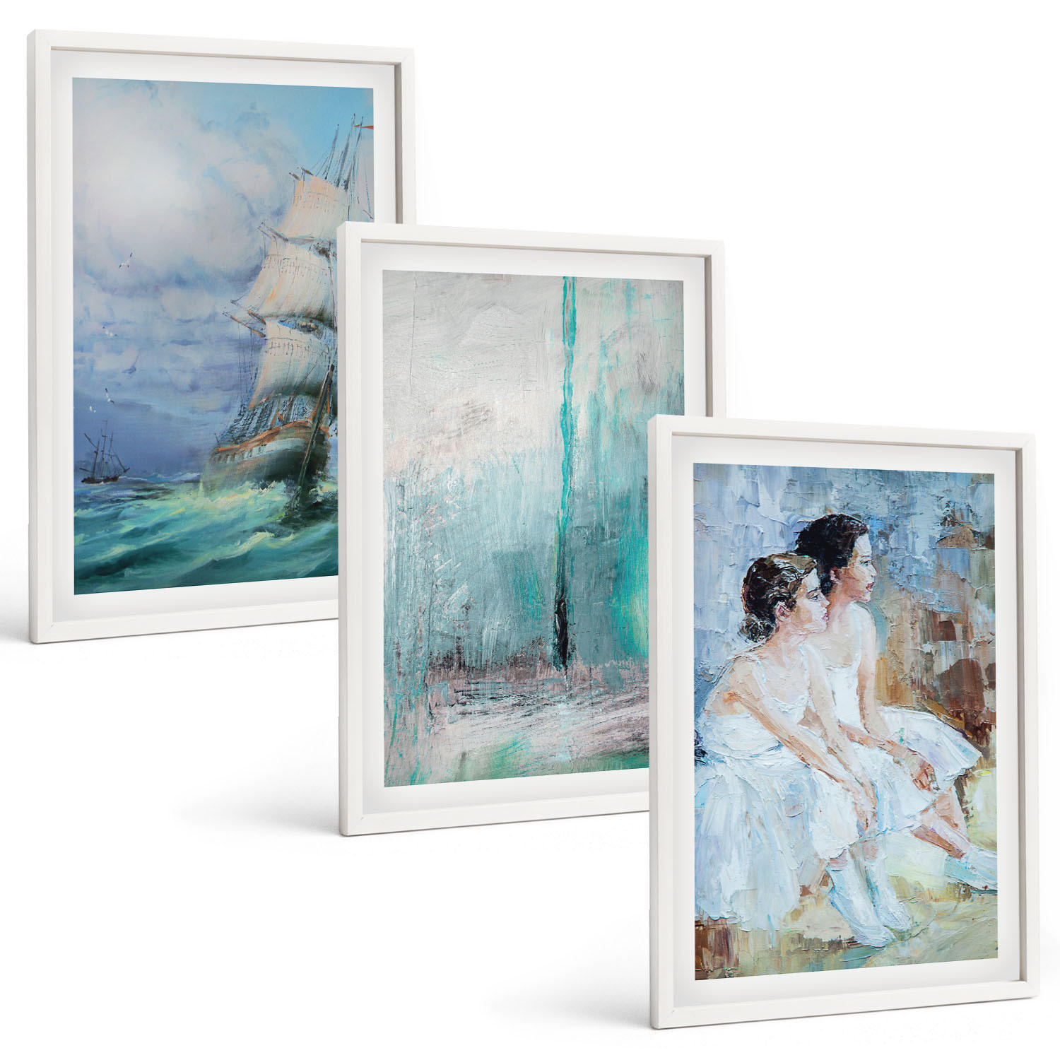 BILDER SET 3er Set - 40x60 cm Weißer Rahmen - Abstrakte Tänzerin auf dem Schiffsmeer - Weiß, Kunststoff (40/60cm) - TULUP