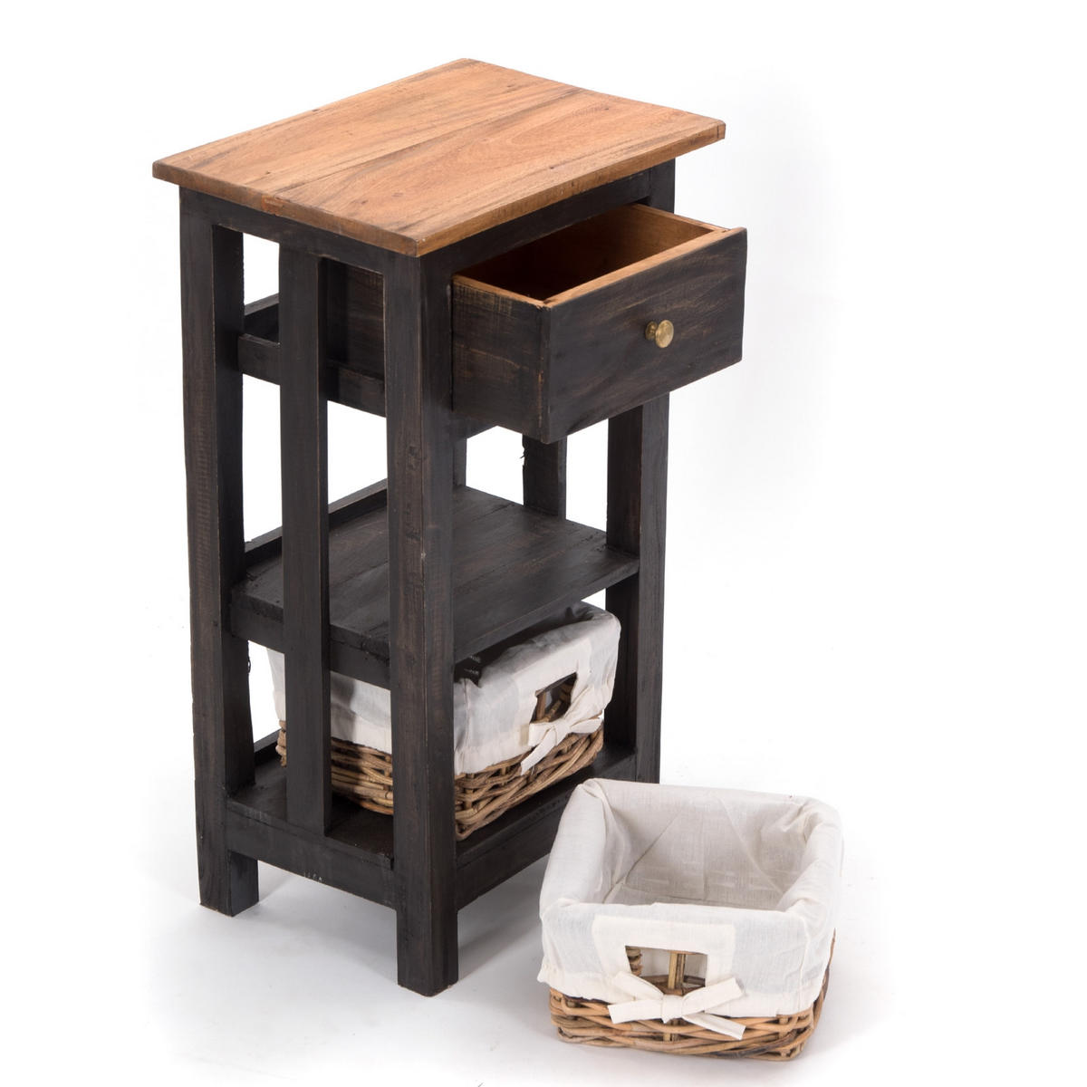 TELEFONTISCH RATTAN 70 mit 2 Rattan-Körben und Schublade, Mahagoni massiv 04 schwarz-natur - Graubraun, Holz (28/38/70cm) - DESIGN DELIGHTS