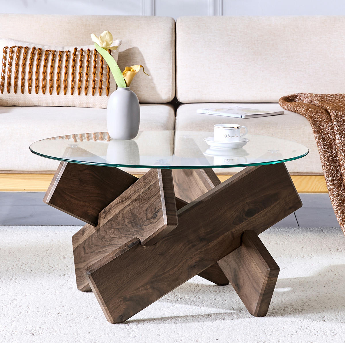 COUCHTISCH aus MDF und Glas 79x79x45 cm Transparent/Walnuss mit kreuzförmigem Gestell und pflegeleichter Oberfläche - Klar, Holzwerkstoff (79/79/45cm) - Modfu