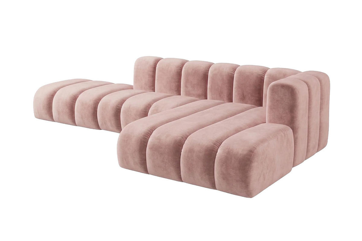 ECKSOFA Modulares In L-Form Mit Hocker, Velvet-Stoff Riviera, Hellrosa, Rechts, GRAND Mini - Hellrosa, Holz (295/179cm) - Kaiser Möbel