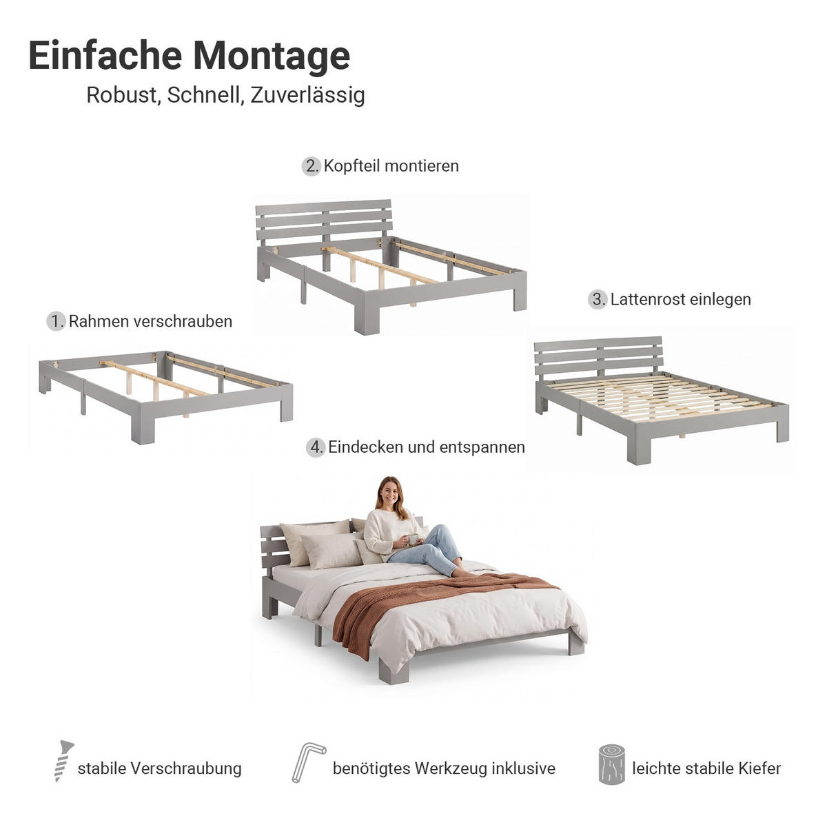 HOLZBETT mit Matratze 120/200 cm grau - Grau, Holz (120/200cm) - Homestyle4u