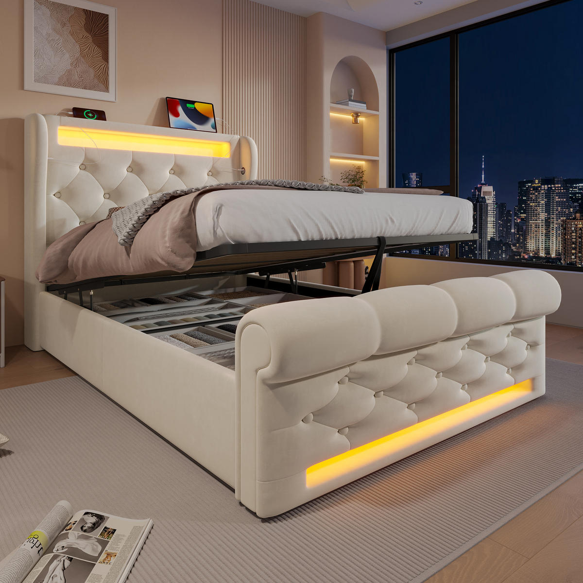 POLSTER EINZELBETT 90x200cm mit LED USB-C & Hydraulik Stauraum Beige - Beige, Holz (90/200cm) - FLIEKS