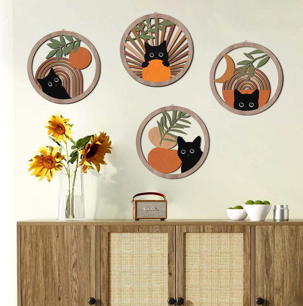 WANDDEKO 19,5x19,5cm Katze Mondmotiv 4er Set - Akaziefarben, Holzwerkstoff (20/1cm) - Weltevree