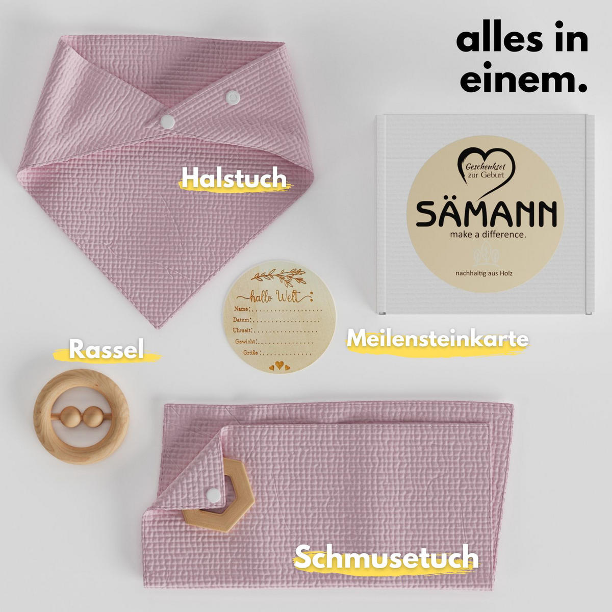 BABY Geschenkset 4-tlg. zur Geburt mit Halstuch, Rassel, Karte, Schmusetuch rosa - Rosa, Textil (10/10cm) - Sämann – make a difference.