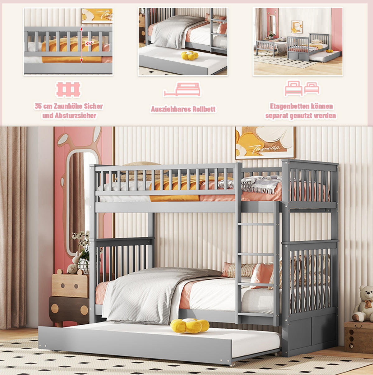 ETAGENBETT 90/200 cm Grau mit Ausziehbett Kiefernholz - Grau, Holz (90/200cm) - MIVRAY
