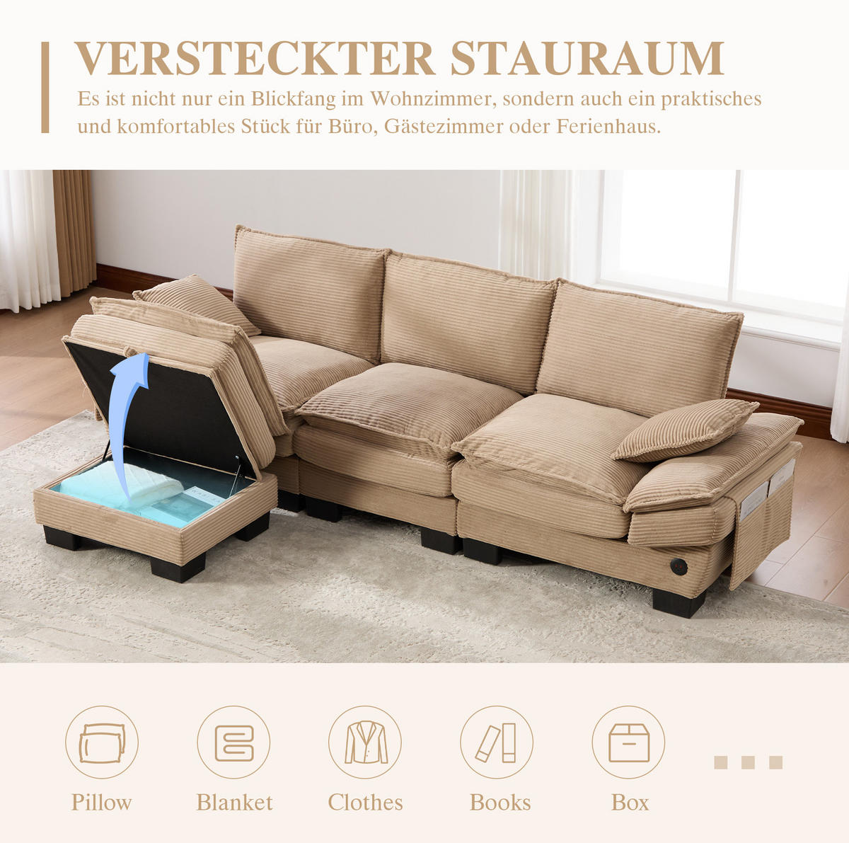 ECKSOFA 260/132/84 cm khaki aus Cord mit Hocker - Sandfarben, Textil (132/260cm) - OKWISH