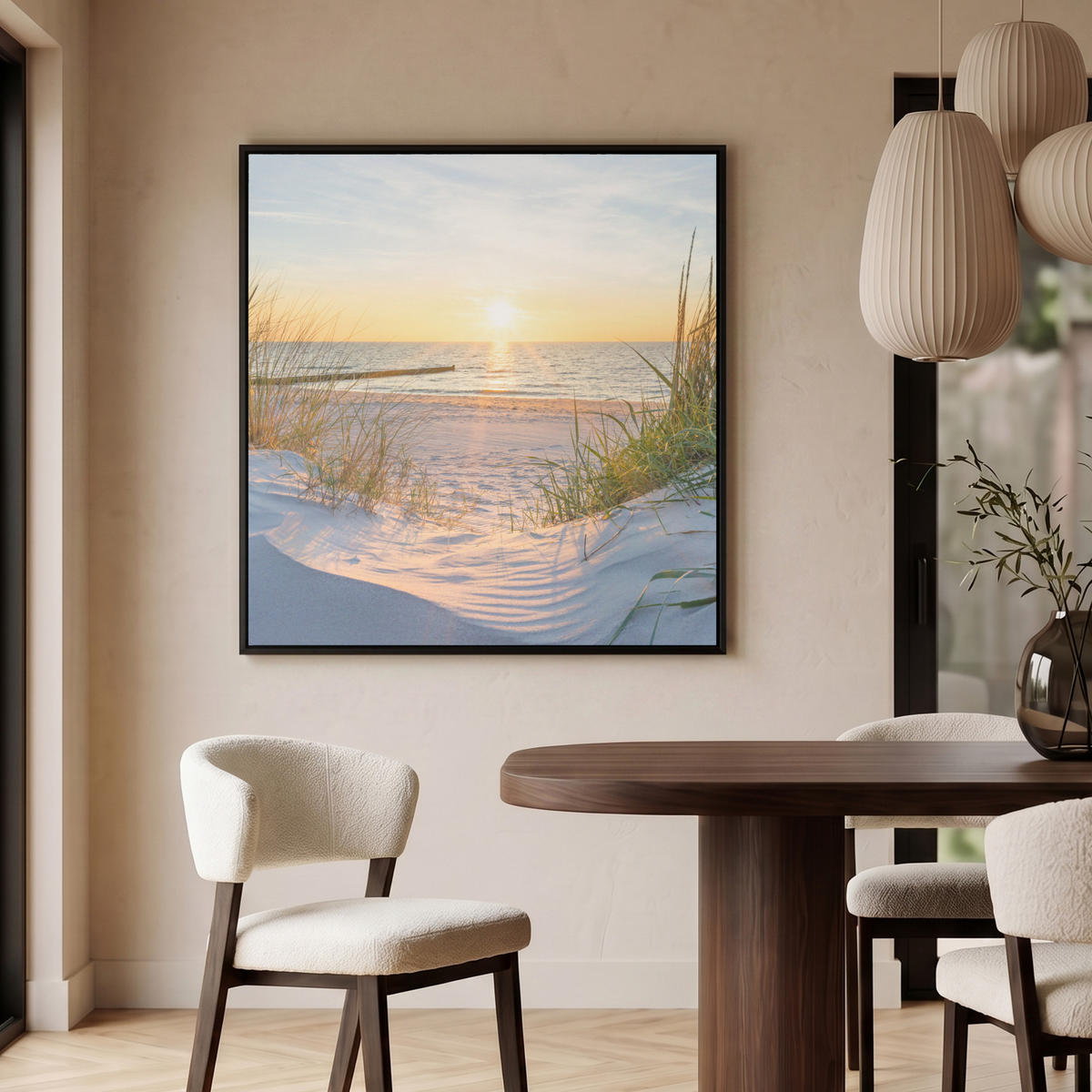LEINWAND Bilder mit Rahmen - Strand - Sonne - Düne - Gras - Sand - Horizont - 90x90 - Hellblau, Textil (90/90cm) - MuchoWow