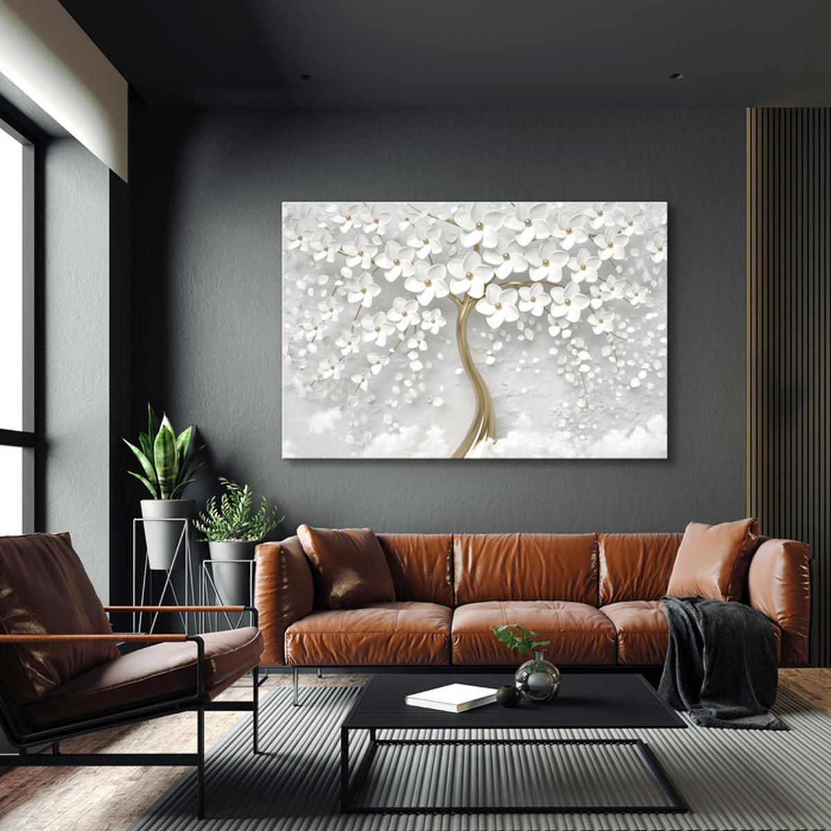 LEINWANDBILD Abstrakter Baum Blumen Glamour Stil 70x50 - Beige/Schwarz, Textil (70/50cm) - Muralo