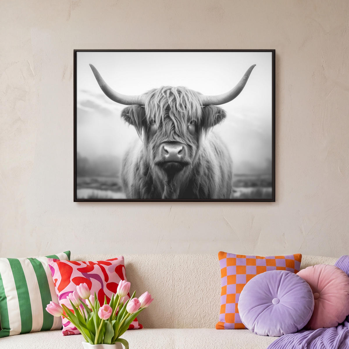 LEINWAND Bilder mit Rahmen - Schottischer Highlander - Nebel - Schwarz - Weiß - 80x60 - Grau, Textil (80/60cm) - MuchoWow