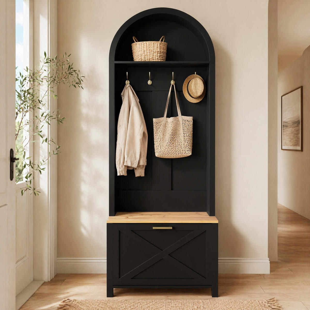 GARDEROBE 75/195/35 cm Schwarz/Holzfarbe aus MDF mit Schuhfach - Schwarz, Holzwerkstoff (35/195/75cm) - OKMYHOME