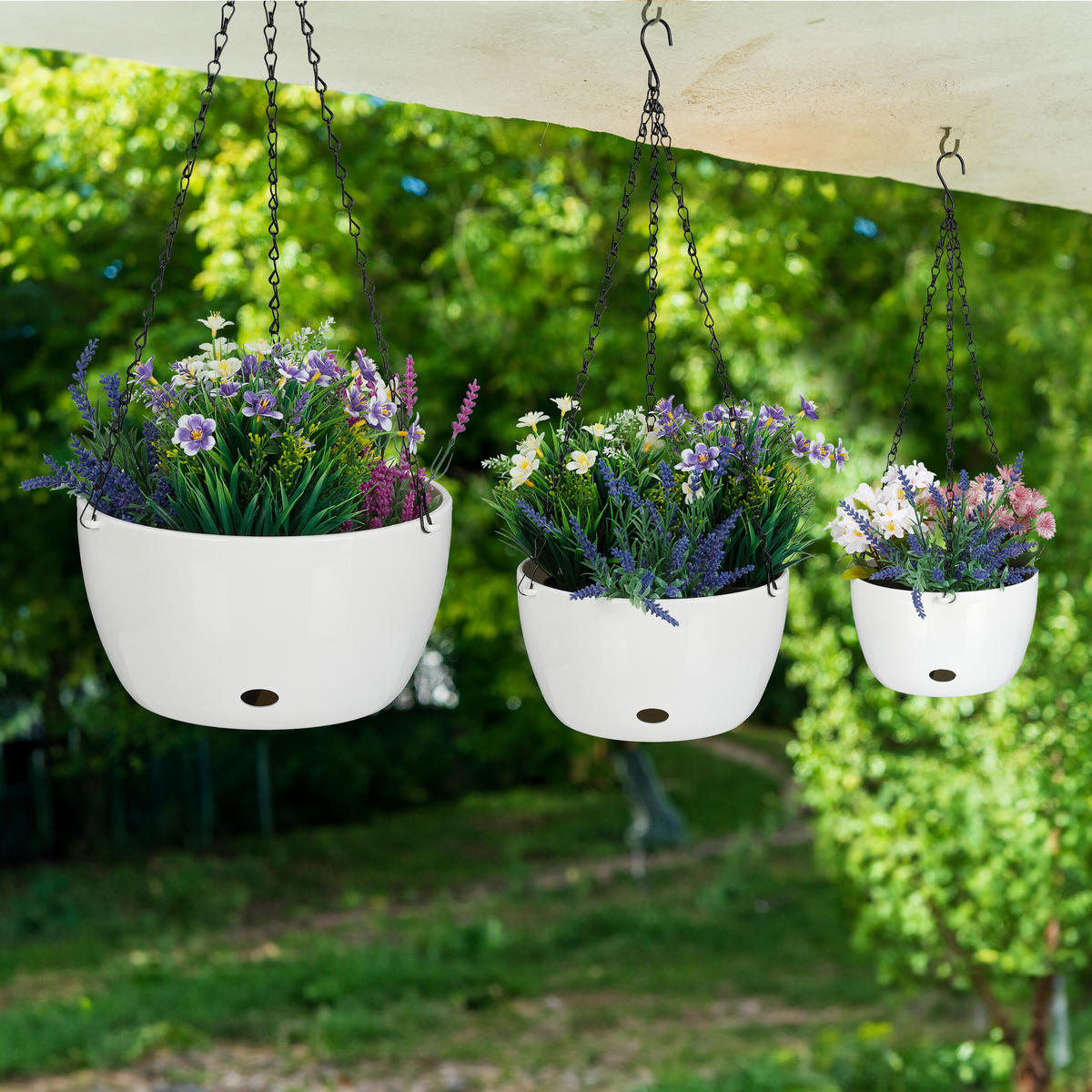 3-TLG.BLUMENAMPEL-SET - Weiß, Kunststoff/Metall (67cm) - Relaxdays