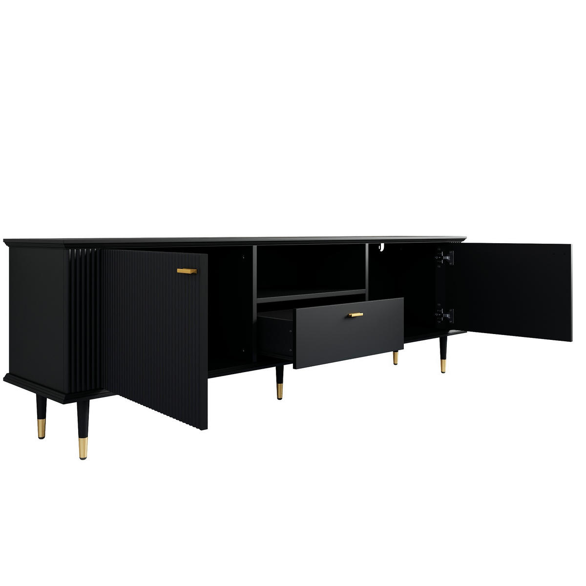 TV-LOWBOARD 170 x 36 x 54 cm, Schublade, Türen, goldene Füße, offenes Fach, Schwarz - Schwarz, Holzwerkstoff (170/54/36cm)