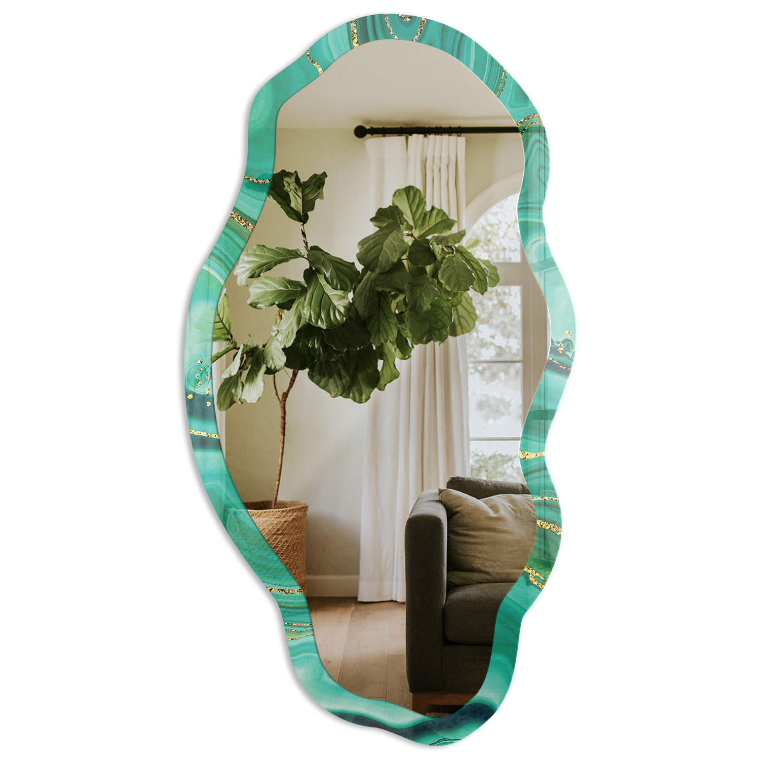 SPIEGEL 90x45 cm asymmetrisch mit Druck - Grüne Abstraktion - Transparent, Glas (45/90/0.4cm) - TULUP