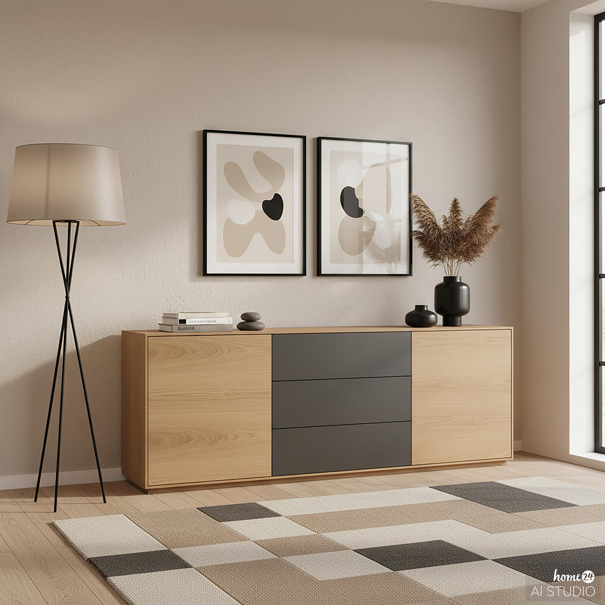 SIDEBOARD - Eiche / Dunkelgrau - Eichefarben/Dunkelgrau, Holzwerkstoff (200/75/45cm) - home24