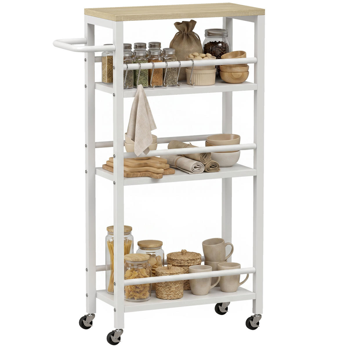 KÜCHENWAGEN, 4-stöckiger Servierwagen mit 6 Haken, 50 x 20 x 81 cm, Eiche - Multicolor, Metall (50/81/20cm) - FORIOUS