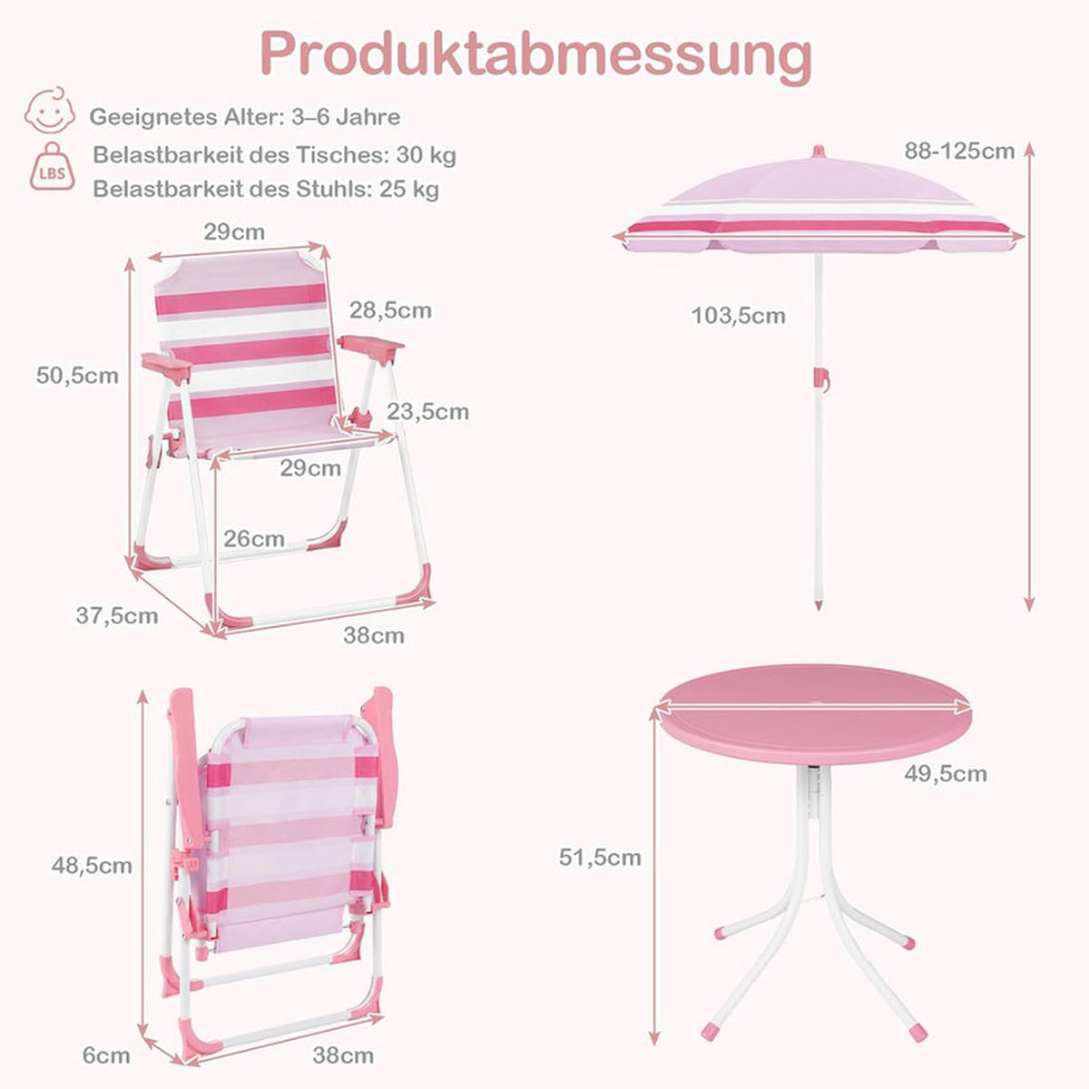 KINDER-SITZGRUPPE mit Sonnenschirm rosa(4-tlg) - Pink, Metall - COSTWAY