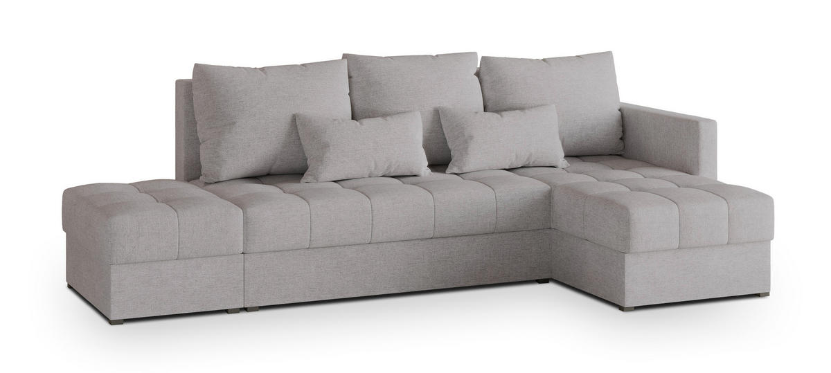 ECKSOFA LUMARI R-S Hellgrau Plüsch-Stoff mit Schlaffunktion - Hellgrau, Holz (262/143cm) - MASSENO