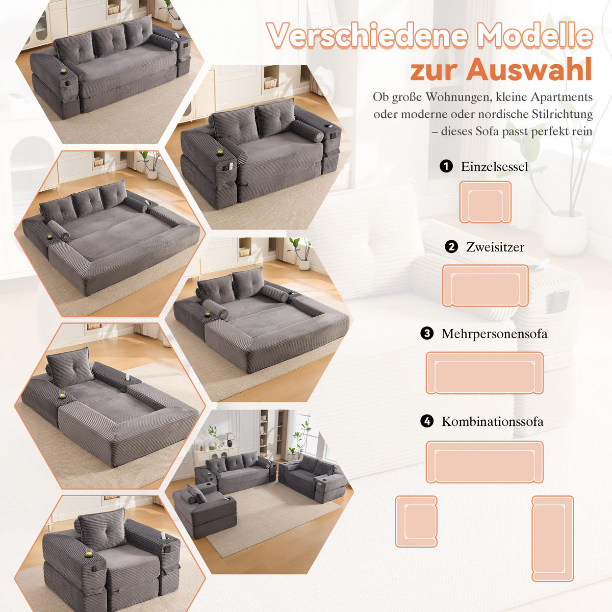 SCHLAFSOFA, 2-in-1 Klappsofa mit Getränkehalter, Modulares Bodensofa Cordstoff, Dunkelgrau - Dunkelgrau, Textil (232/80/98cm) - LVHOM